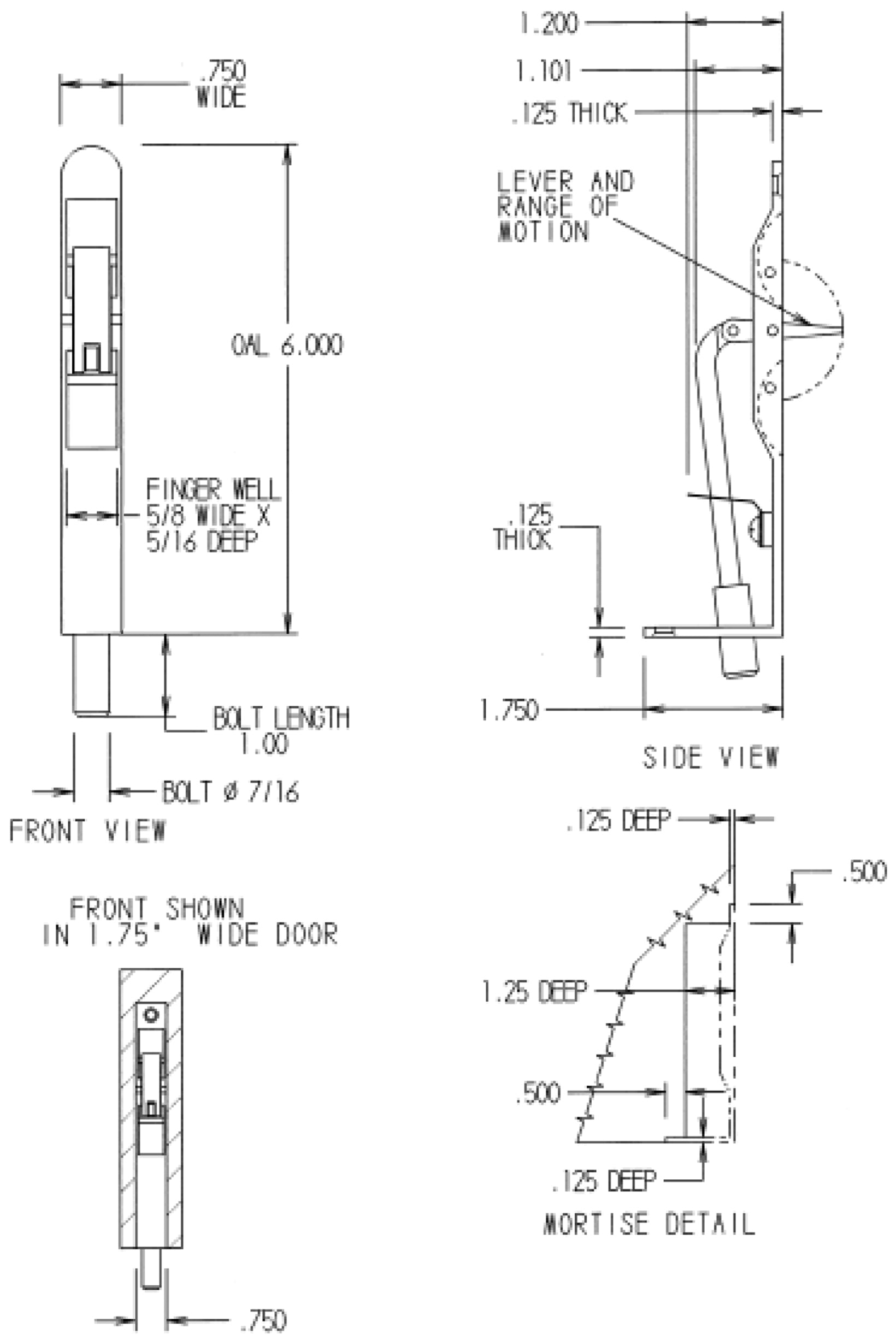 FPL 5270 Finger Friendly Round Corner Flush Bolt Dimensions