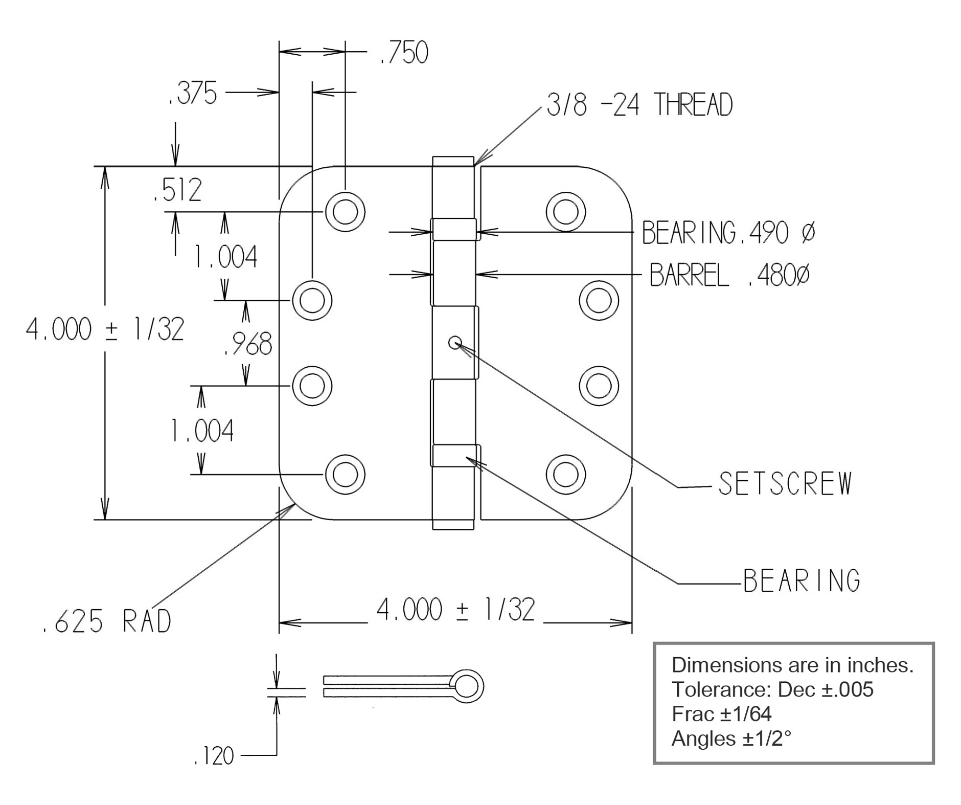 FPL 4" x 4" Heavy Duty Ball Bearing Radius Corner Hinge Specs