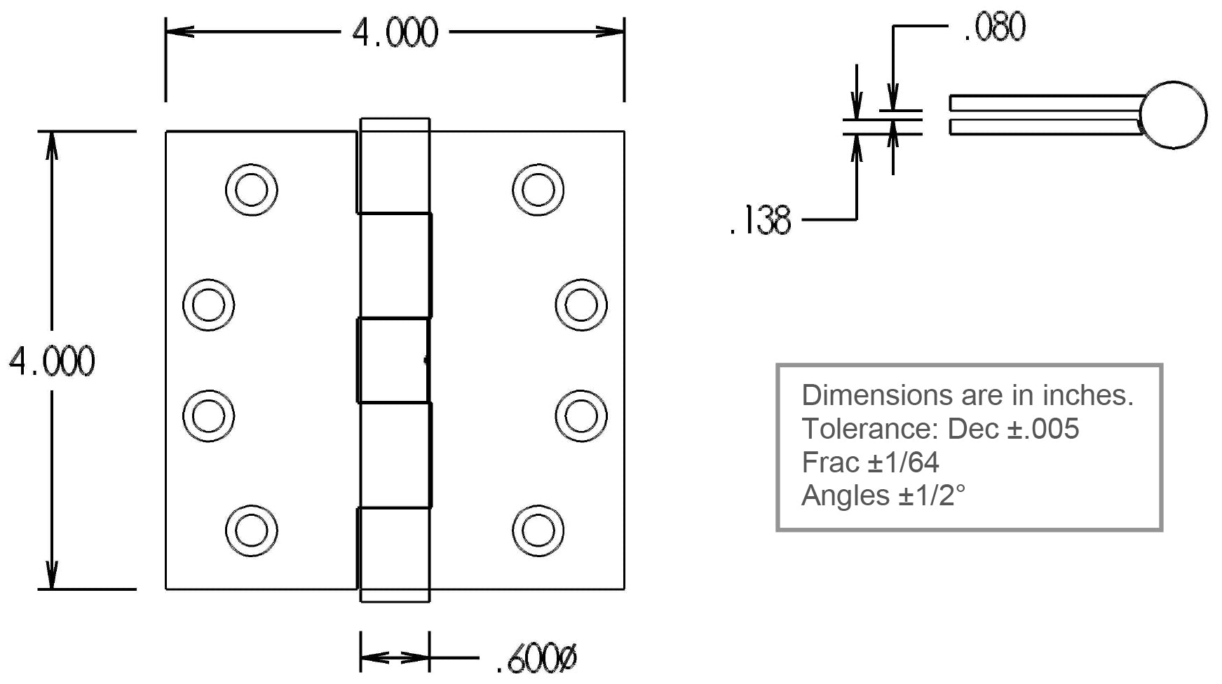 FPL 4” x 4” Heavy Duty Square Corner Hinge Dimensions