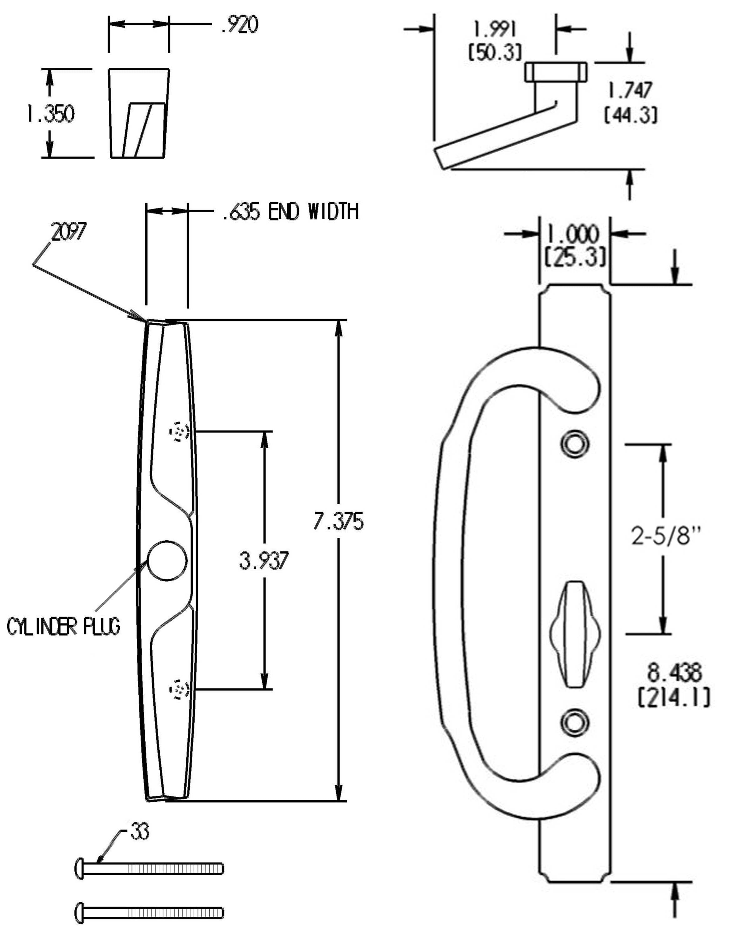 FPL Replacement Sliding Door Handle Non-Keyed Dimensions