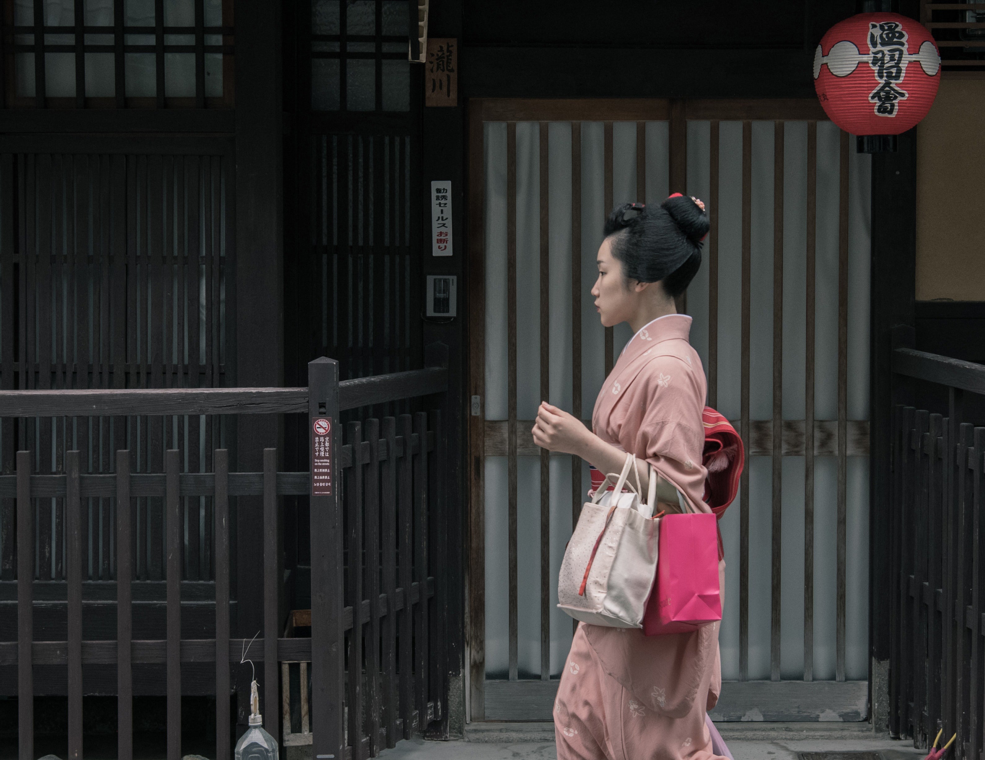 Pink Kimono Worn by a Japanese Woman