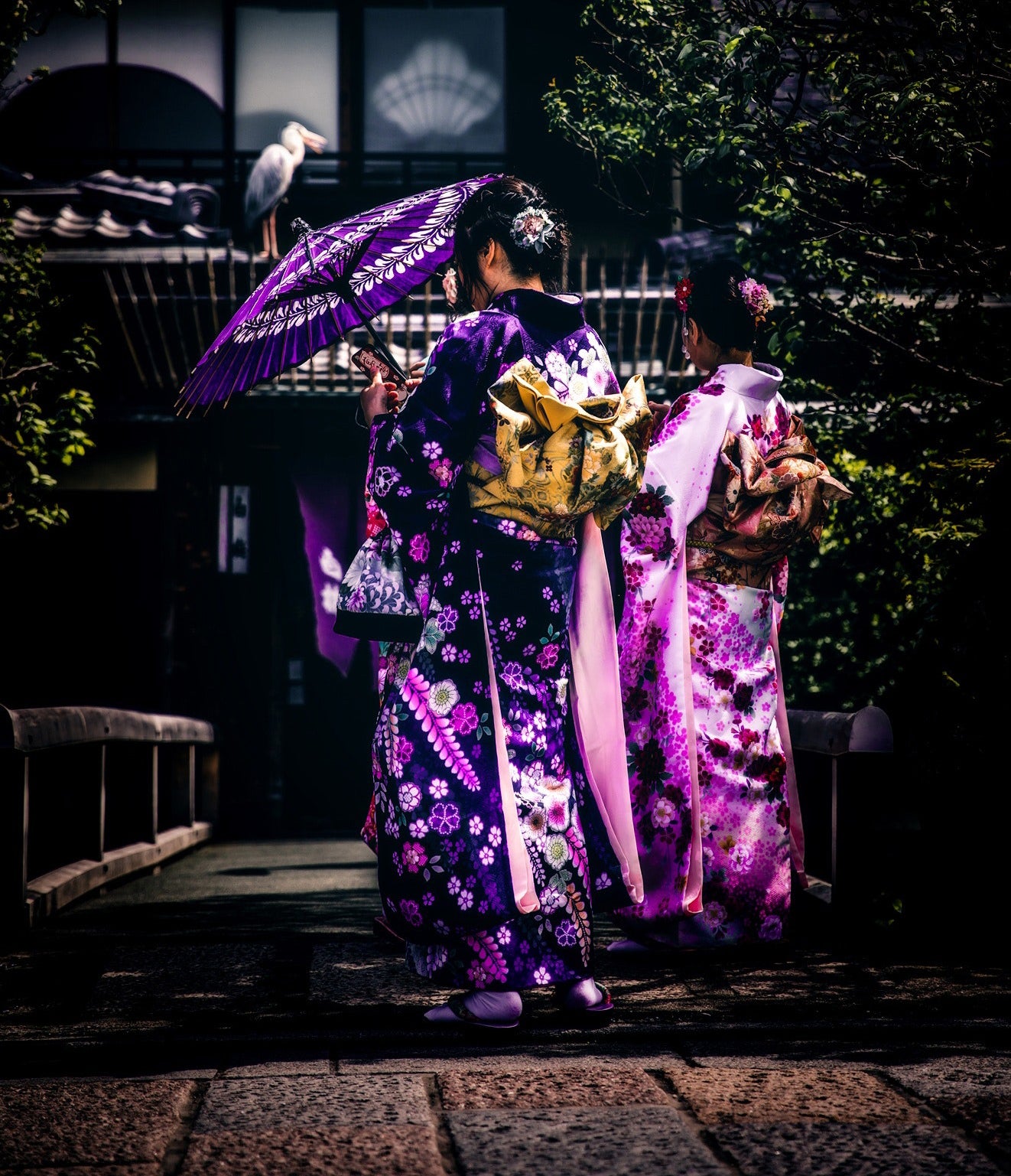 Purple Cherry Blossom Kimono and Obi Belt