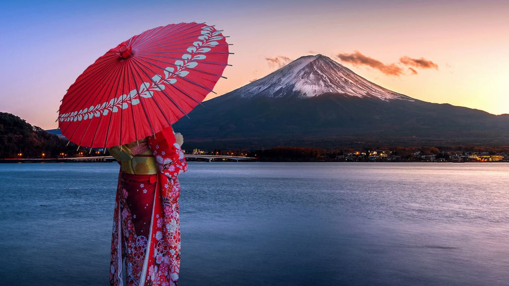 Women wearing kimono in front of Mount Fuji