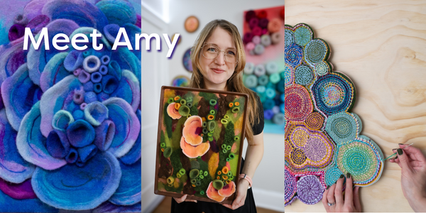 Three images together in one header image. The far left image is a blue, multilayerd fiber art piece. The center image shows Amy, a young white woman, holding a piece of fiber art in her hands. The final image shows coils of wool from the top down and a pair of hands sewing them in the bottom right corner.