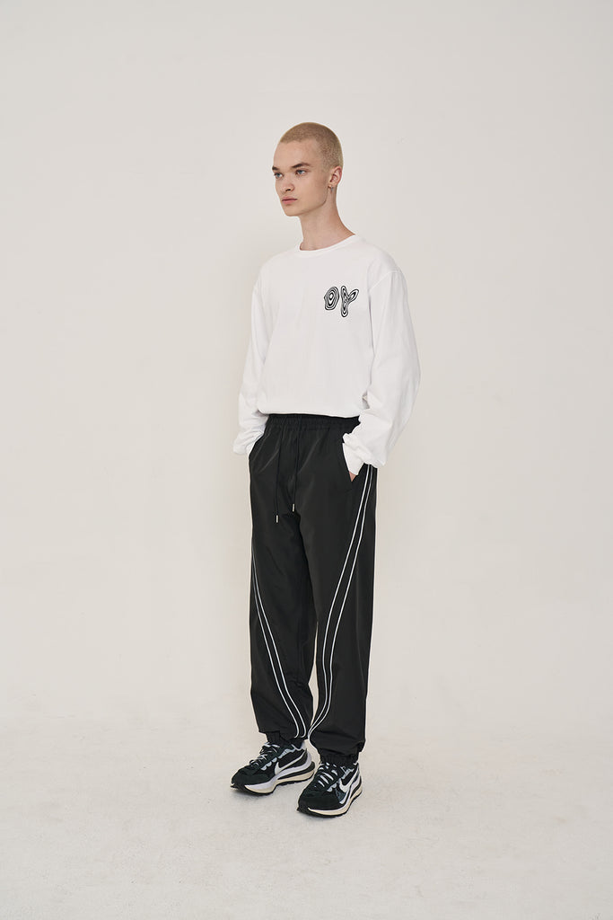 オーワイOY CURVE LINE LOGO TRACK PANTS-BLACK-