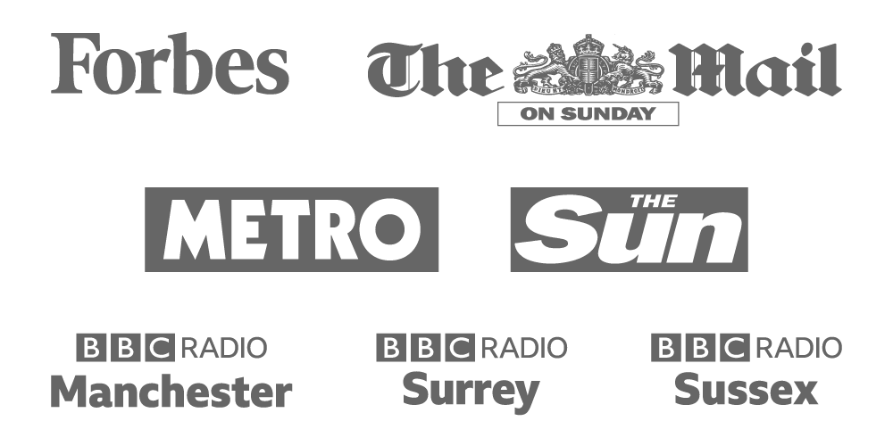Logos for Forbes, The Mail on Sunday, Metro, The Sun, BBC Radio Surrey, BBC Radio Sussex, BBC Radio Manchester