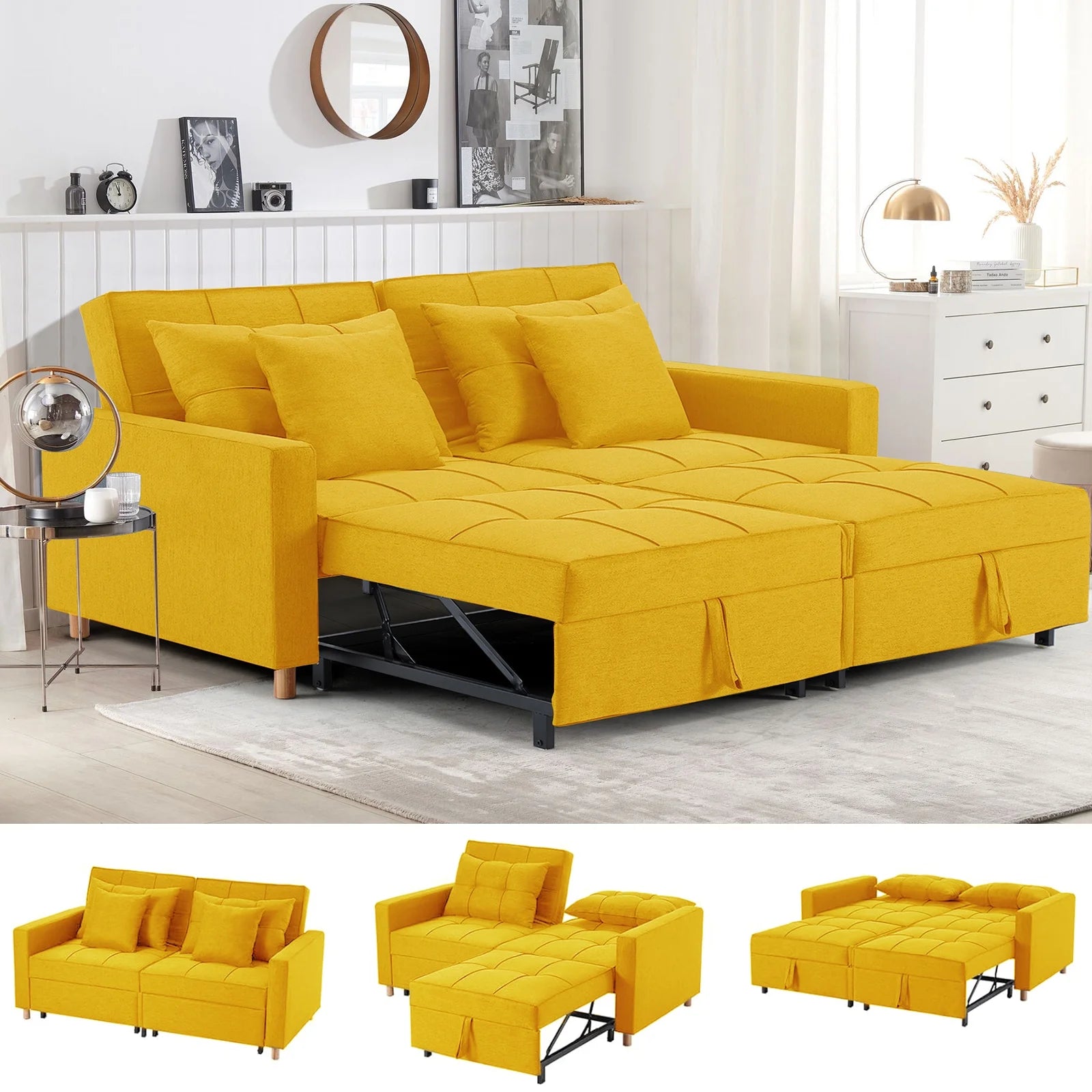 3-in-1 Futon Sleeper Chair Convertible Loveseat,Yellow