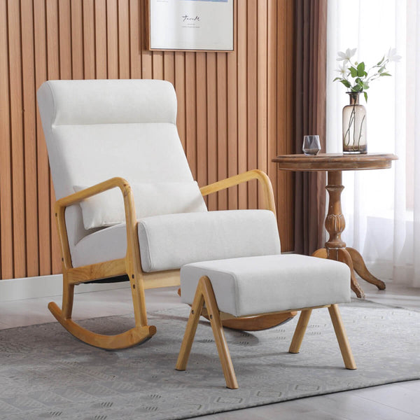 JOMEED Wooden Rocking Chair Armchair with Fabric Padded Seat and Footrest, Beige