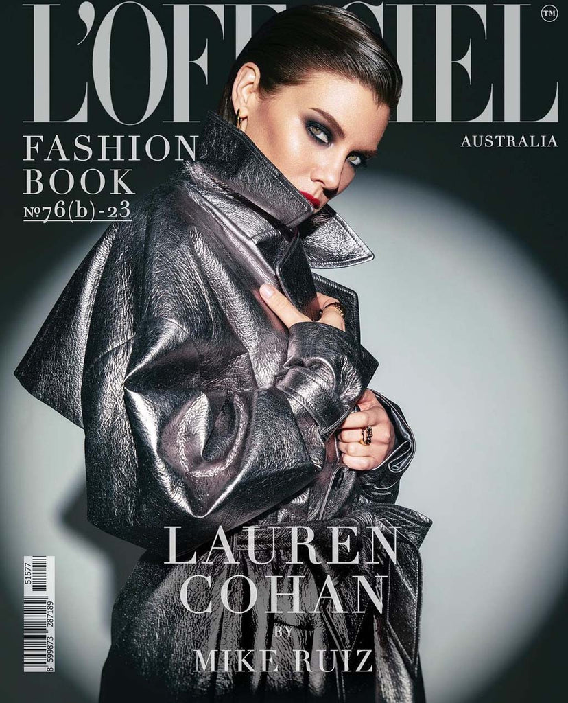 L'Officiel cover of Lauren Cohan in silver trench coat by ORTTU