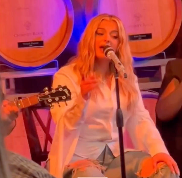 Bebe Rexha performing at Live in the Vineyard festival, wearing ORTTU.
