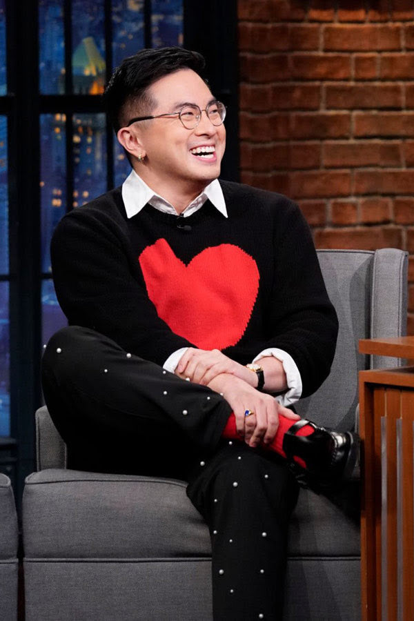 Bowen Yang wearing black pearl pants by ORTTU on Late Night with Seth Meyers