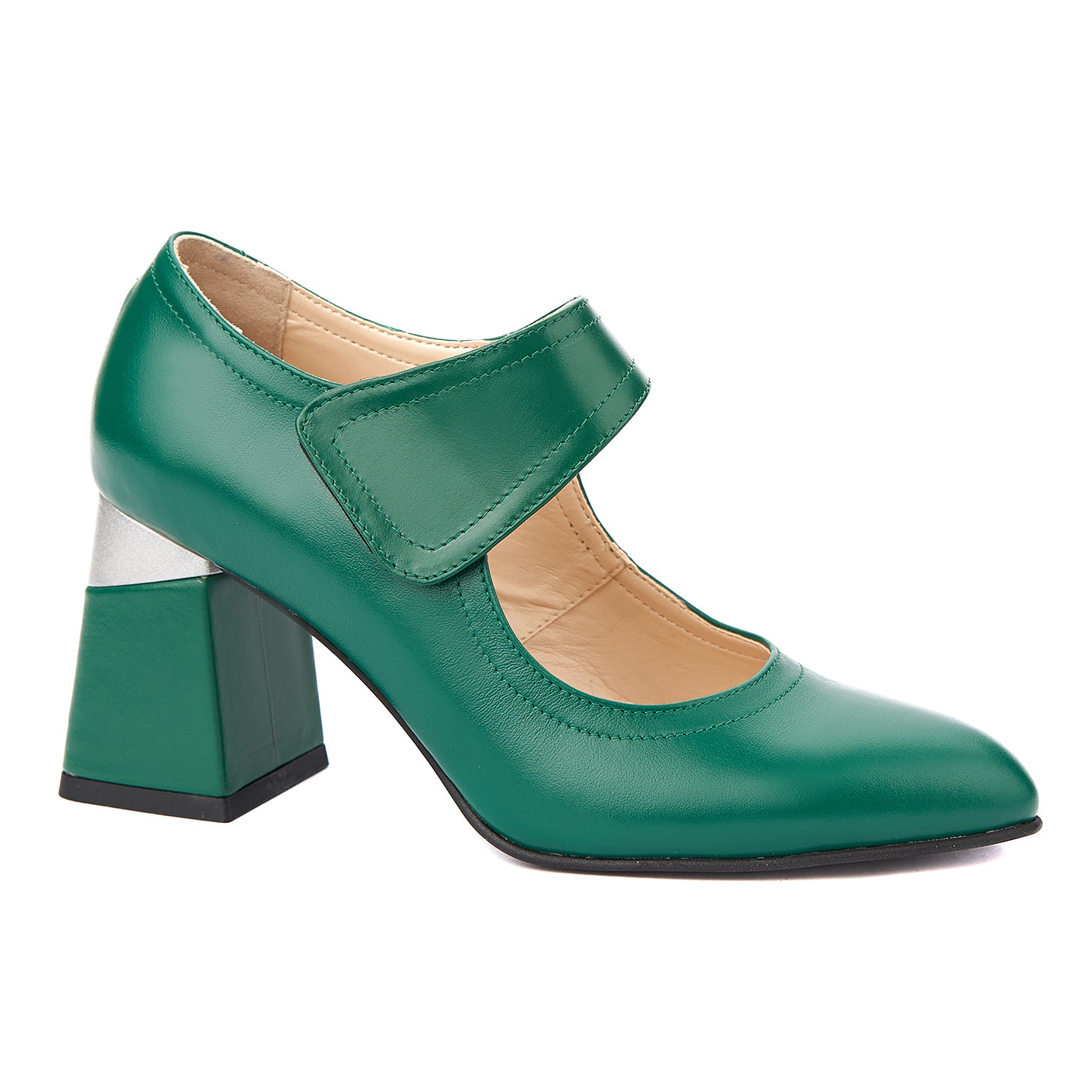 Pantofi dama toc gros din piele naturala verde 4346