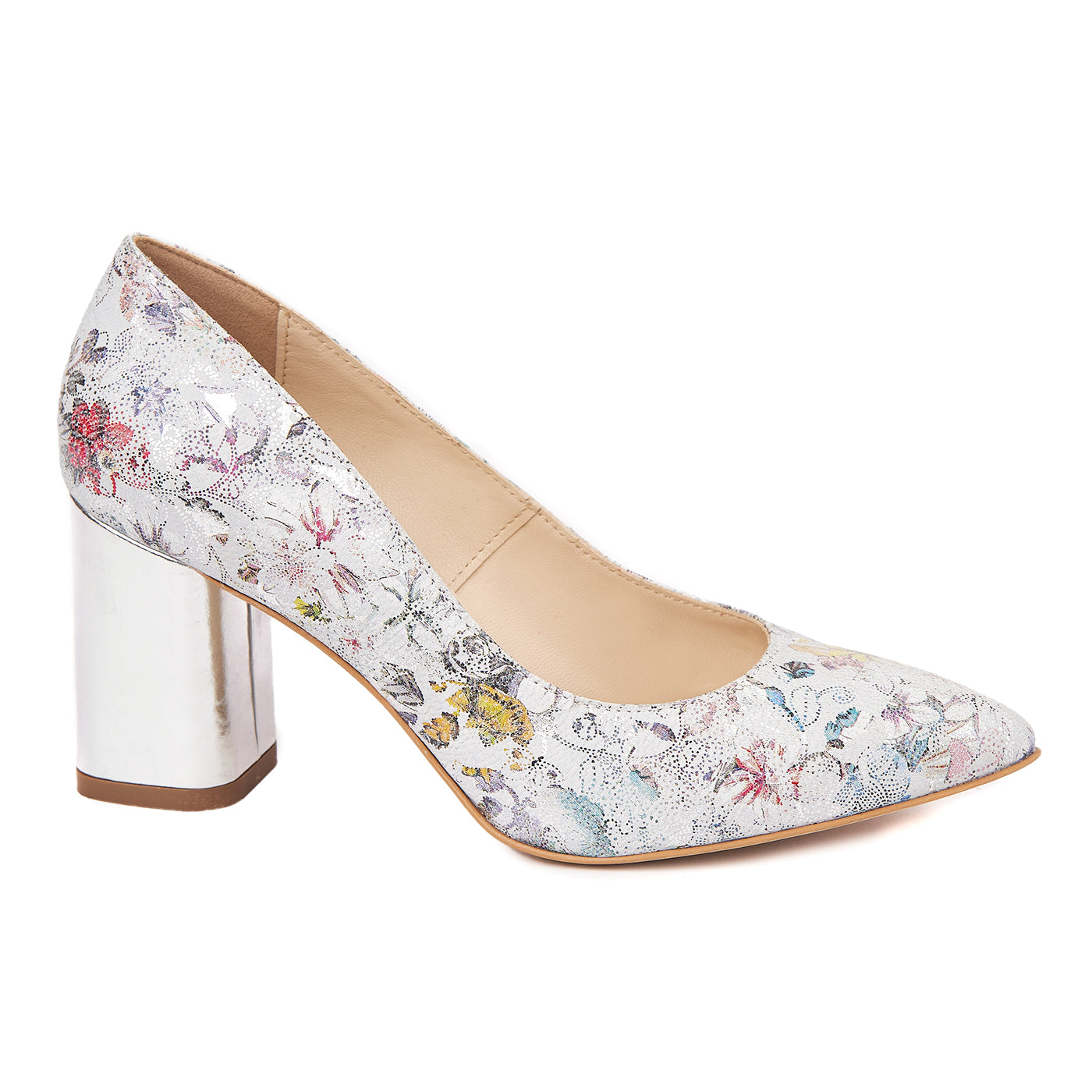 Pantofi dama toc gros din piele naturala cu model floral 4602