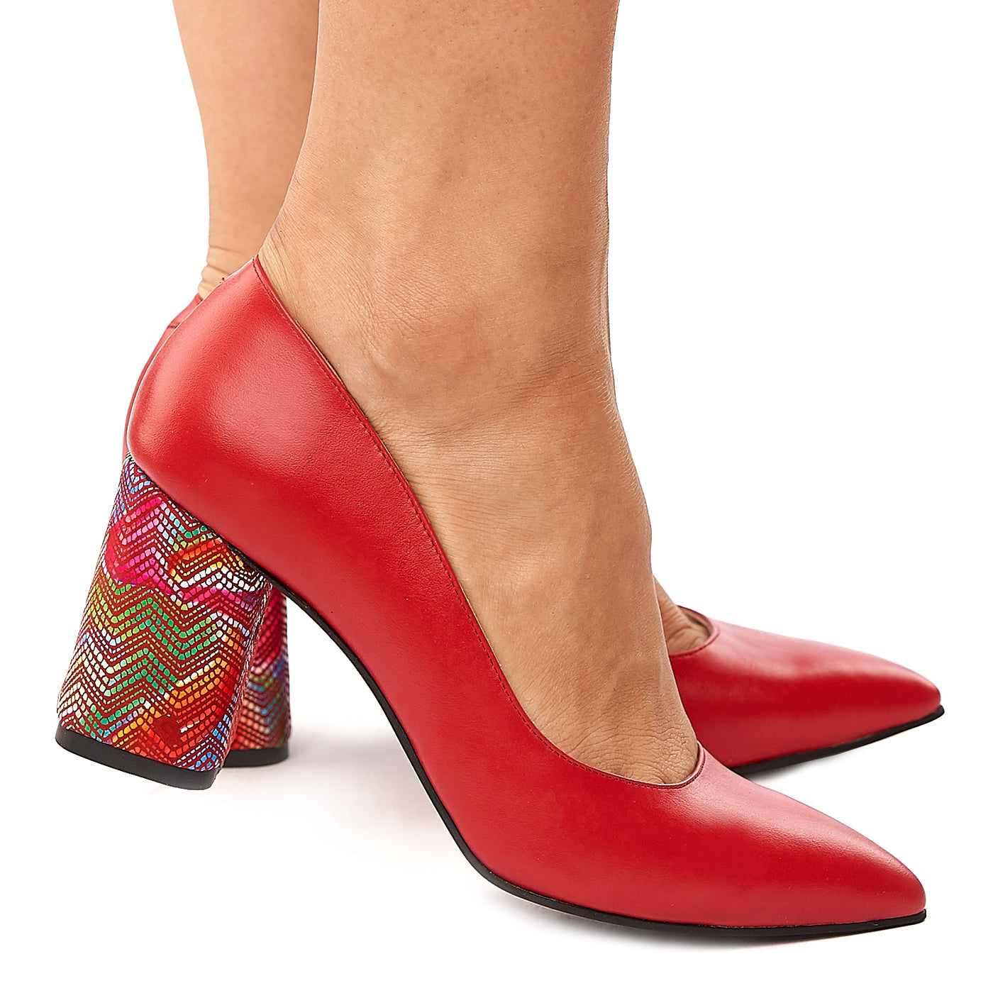 Pantofi dama din piele naturala rosie cu toc colorat 4201