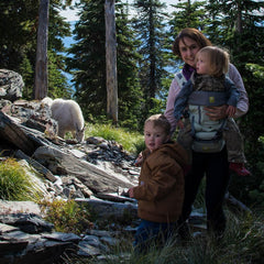 Mom with two children on a forest hiking trail. One child is  in a baby carrier.