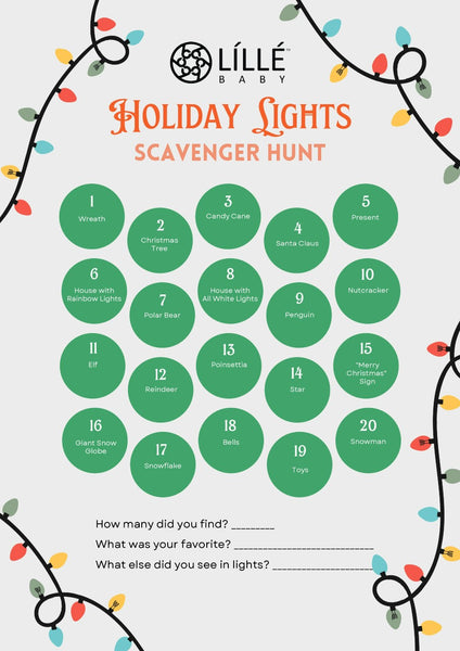 Lillebaby Holiday Lights Scavenger Hunt - features a lit of items that can be checked off