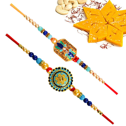 2 Rakhi - Beautiful Blue Pendant Rakhi With Kesar Kaju Katli