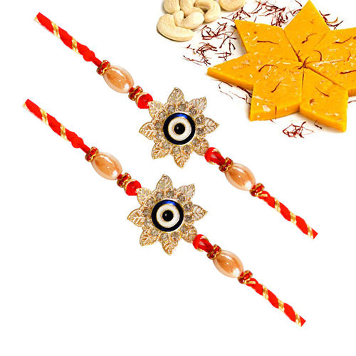 2 Rakhi - Blue Eyed Rakhi With Kesar Kaju Katli