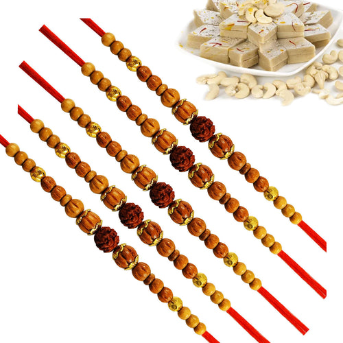 5 Rakhi - Rudraksh Rakhi Set With Indian Sweets Or Chocolates