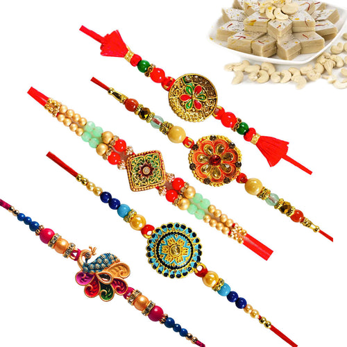 5 Rakhi - Beautiful Fancy Rakhi With Kaju Katli