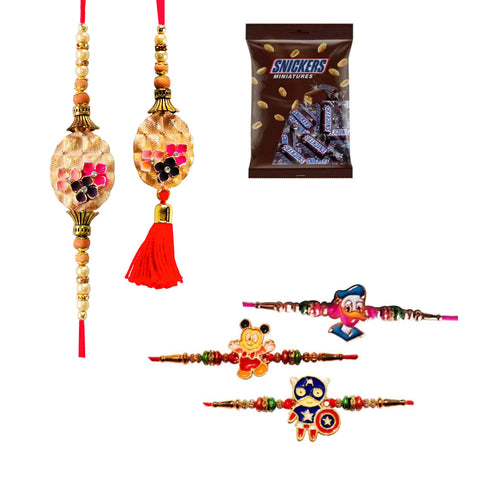 5 Rakhi - Exclusive Family Rakhi Set With Miniature Snickers