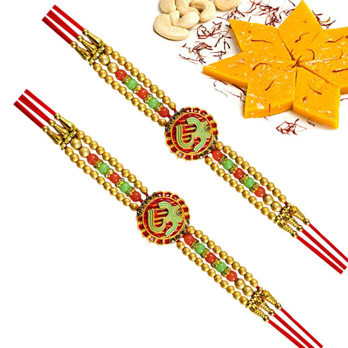 2 Rakhi - Colorful OM Rakhi With Kesar Kaju  Katli