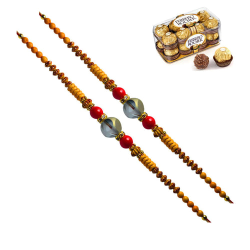 2 Rakhi - Hand Crafted Rakhis with Ferrero Rocher Chocolate Or Kesar Kaju Katli