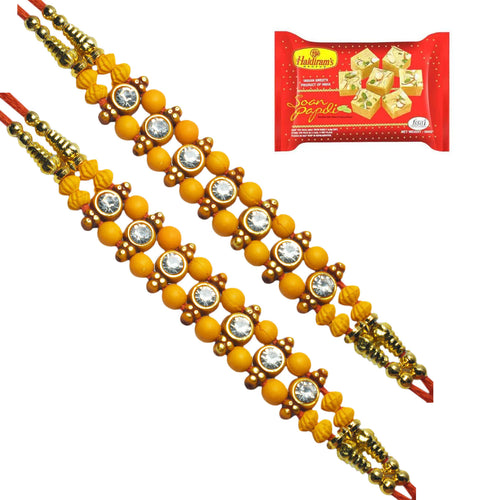 2 Rakhi - American Diamonds Handcrafted Rakhi Set With Soan Papdi