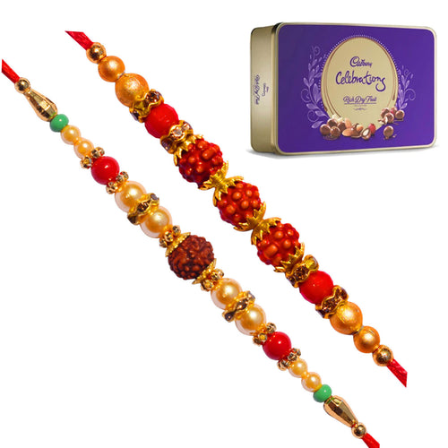 2 Rakhi - Rudraksh Rakhi With Cadbury Celebration Rich Dryfruit Chocolate Box