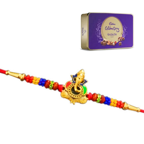 1 Rakhi - Colorful Ganesh Rakhi With Cadbury Rich Dryfruite Chocolate