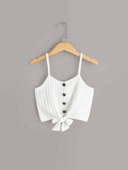 Girls Button & Knot Front Ribbed Cami Top White
