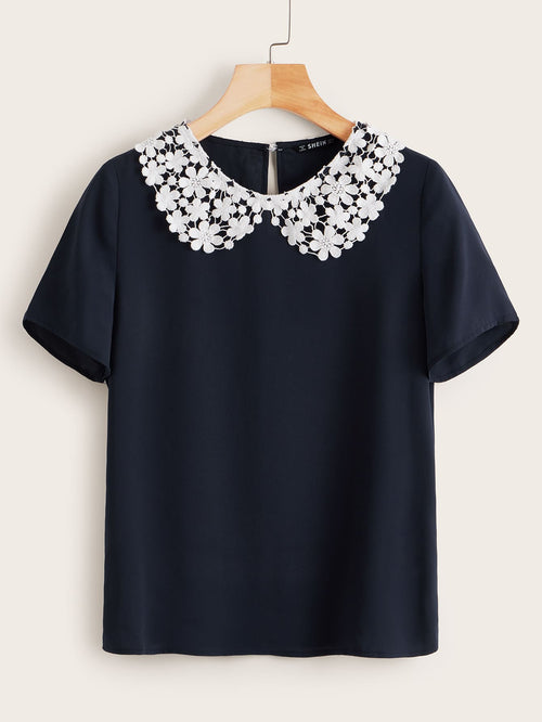 Guipure Lace Peter-pan-collar Top Navy Blue