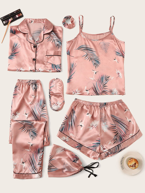 7pcs Crane & Tropical Print Satin Pajama Set