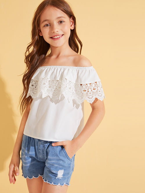 Girls Lace Ruffle Trim Bardot Top White