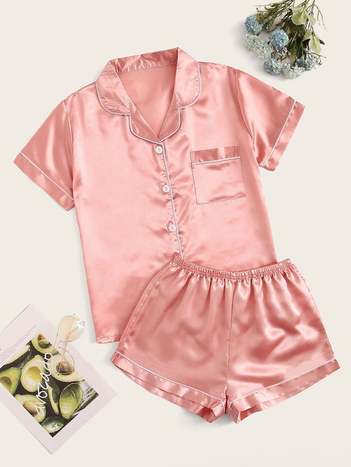 Contrast Piping Satin PJ Set Coral Pink