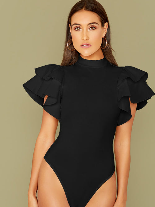 Mock-neck Layered Exaggerate Butterfly Sleeve Fitted Bodysuit