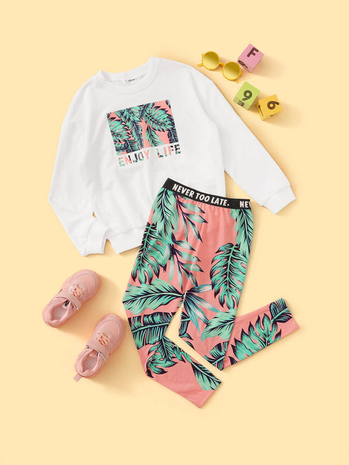 Girls Tropical and Slogan Graphic Pullover and Leggings Set
