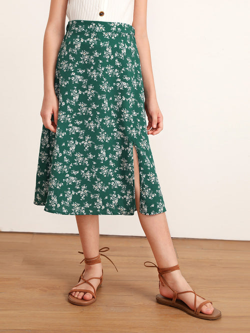 Girls Split Hem Ditsy Floral Skirt