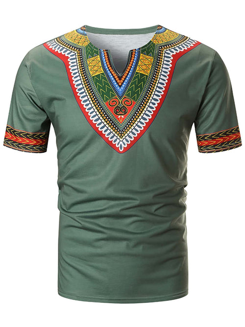 Men Notched Neck Tribal Print Tee