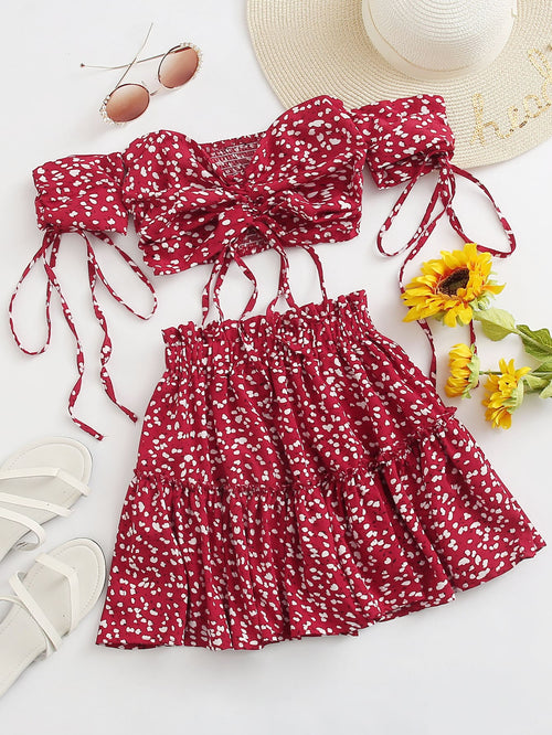 All Over Print Knotted Bardot Top & Skirt Set