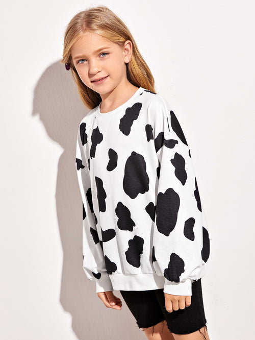 Girls Drop Shoulder Cow Print Pullover