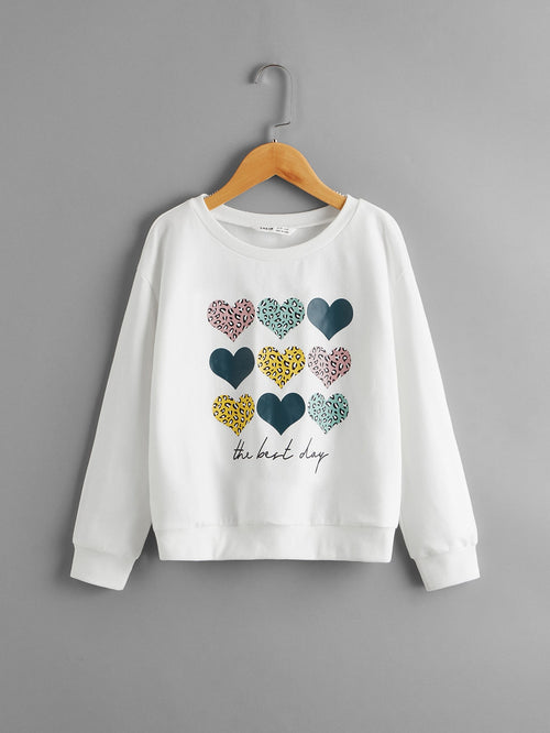 Girls Drop Shoulder Heart & Letter Print Pullover
