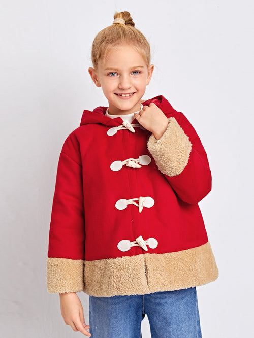 Girls Pom Pom Detail Contrast Faux Shearling Panel Duffle Coat