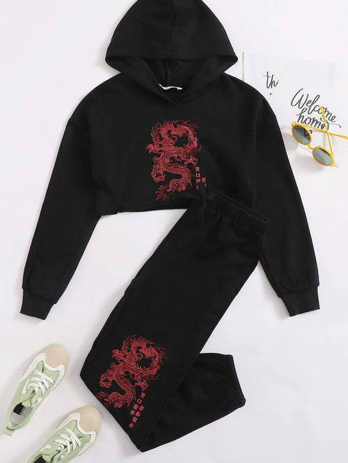 Girls Drop Shoulder Chinese Dragon Print Crop Hoodie & Joggers Set