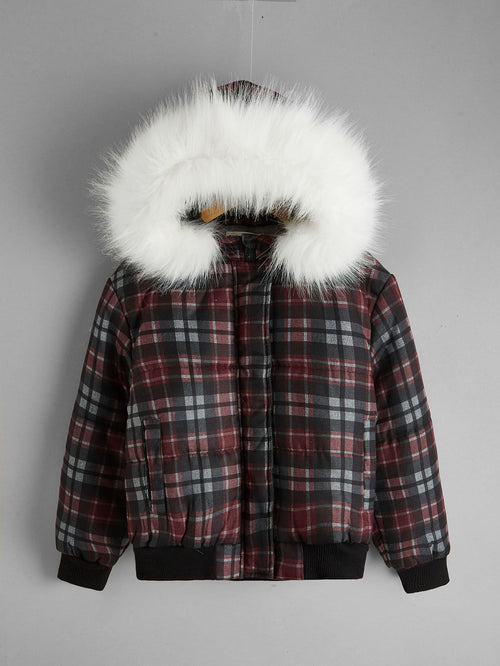 Girls Plaid Fuzzy Hooded Puffer Jacket