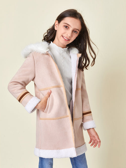 Girls Shearling Trim Binding Detail Suede Coat