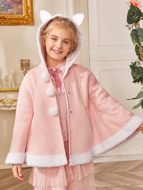 Girls Ear Detail Teddy Lined Cape Coat