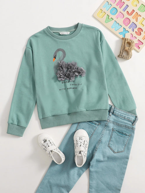 Girls 3D Applique Swan and Slogan Graphic Sweatshirt Mint Green