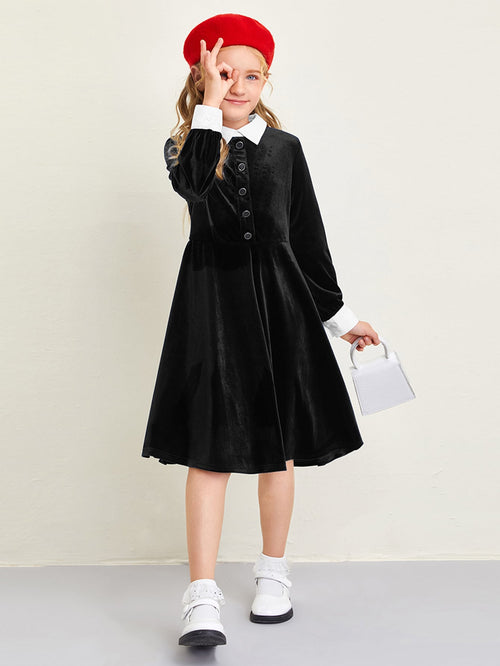 Girls Contrast Collar Button Detail Velvet Dress Black