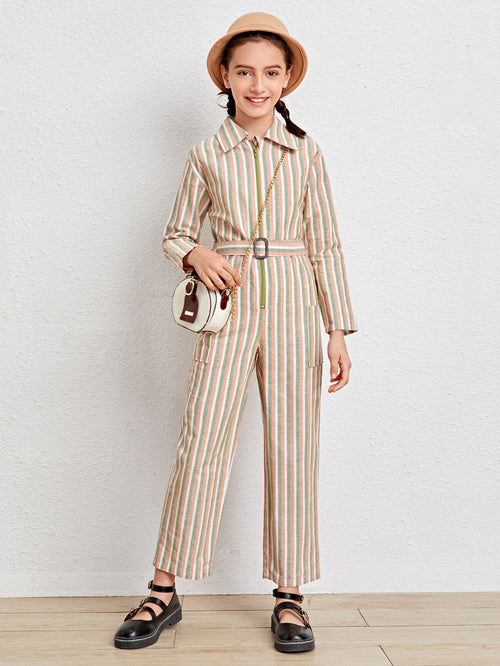 Girls Self Belted Striped Jumpsuit